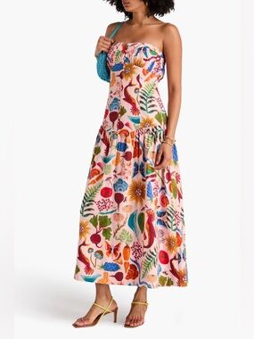 Farm Rio Bright Farm Strapless Linen Dress veggie print